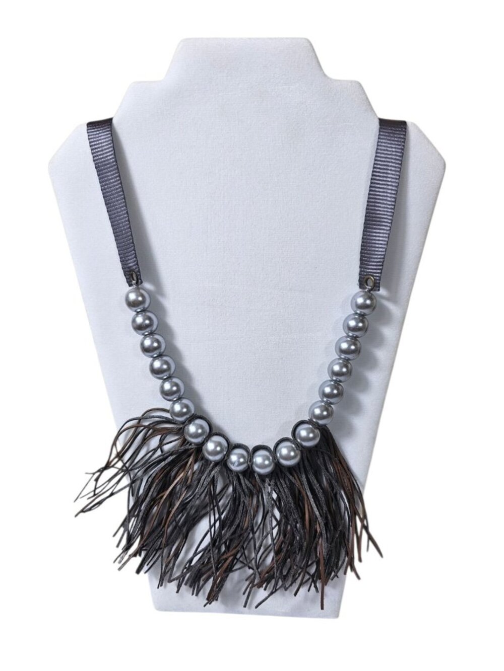 Plunder grey faux pearls leather fringe long Necklace Grunge Retro Art